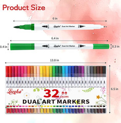 Dual Tip Art Markers for Adult Coloring 32 Colored Pens | Fine and Brush Tip Wat