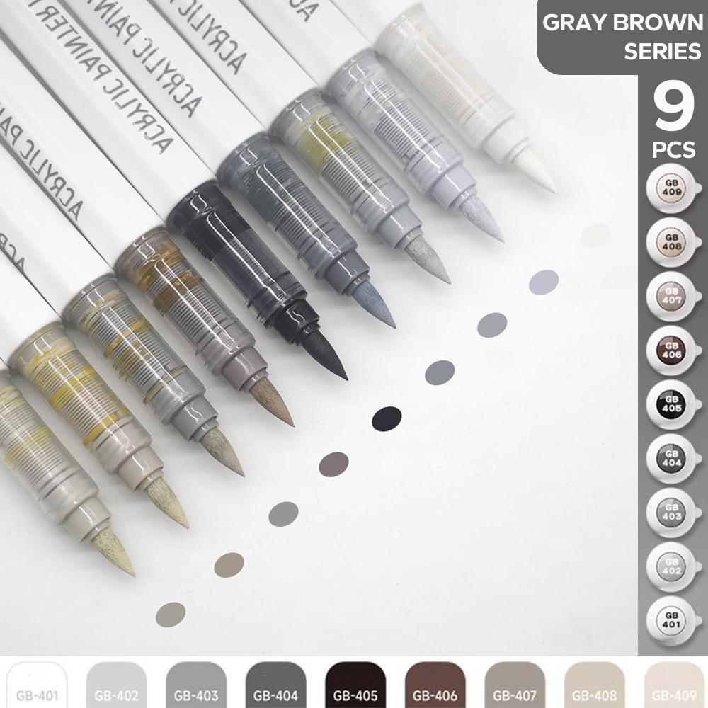 NEW 9pcs Acrylic Brush Markers Set Pro Colors with Auto Ink Control for Art DIY