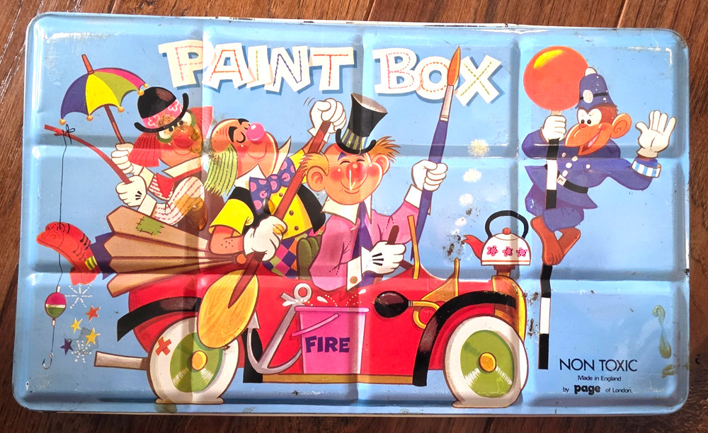 Vintage Page of London Paintbox Water Colour Set Clowns Metal Tin