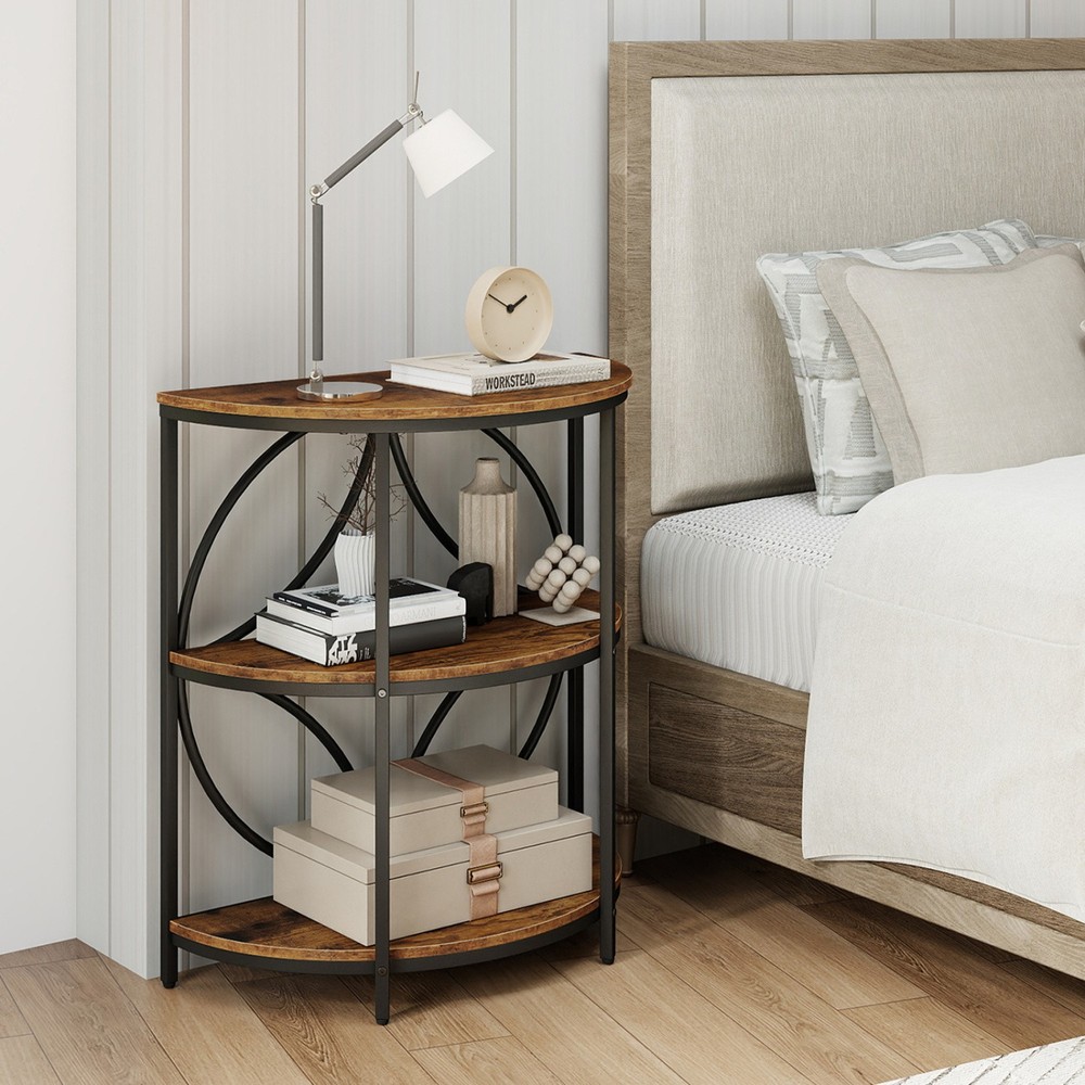 3-Tier Half Round End Table with Study Metal Frame for Living Room-Rustic Brown