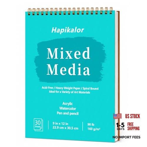 Sketch Book Mixed Media Pad – Top Spiral Bound Sketch Pad, 30 Sheets 9″ x 12″