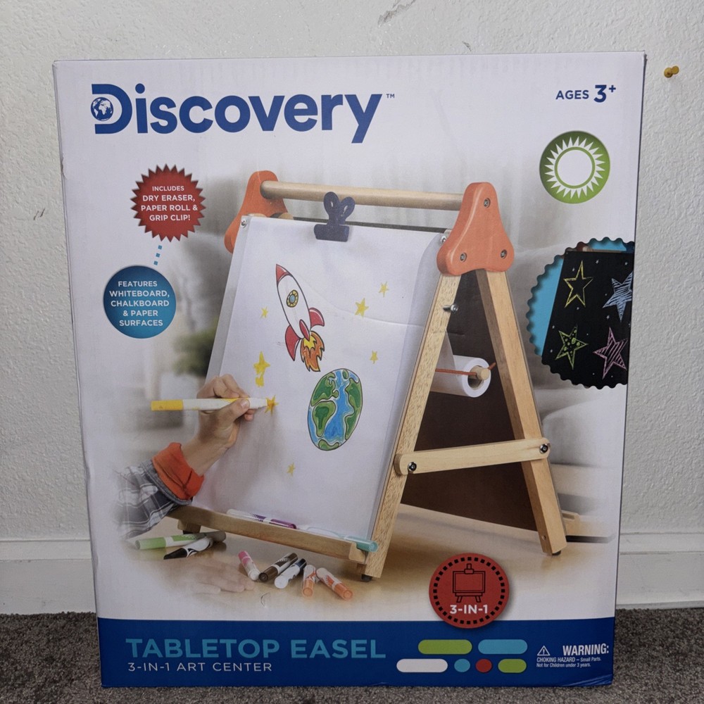 Discovery Kids 3-in-1 Tabletop Easel Dry Erase Chalkboard & Paper Roll New