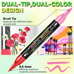 72 Colors Acrylic Paint Markers, Dual Tip Acrylic Paint Pens with Brush Tip & Fi