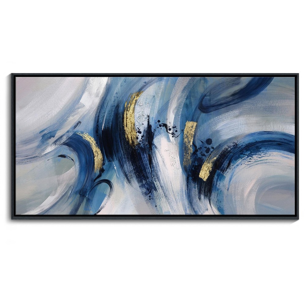 Abstract Line Art Framed Canvas – Blue and Grey Modern Wall Decor, Large 20×4…