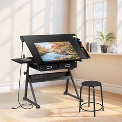 Adjustable Height Drafting Drawing Table Tiltable Tabletop Edge Stopper Black