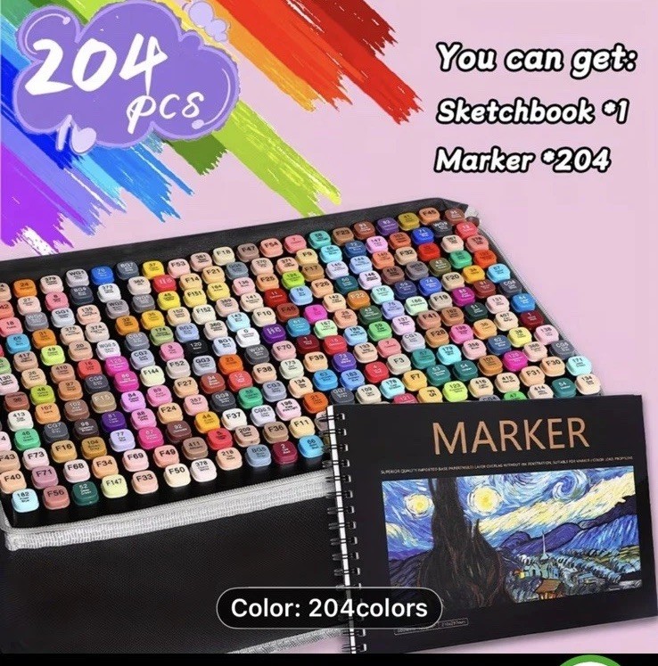 204 Color Dual Tip Alcohol Markers + Sketchbook NEW Shipping Included