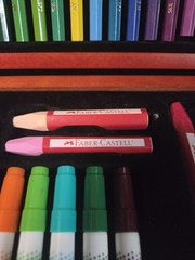 FABER-CASTELL COLORED PENCIL SET WITH MARKERS & OIL PASTELS IN WOOD BOX NO PAPER