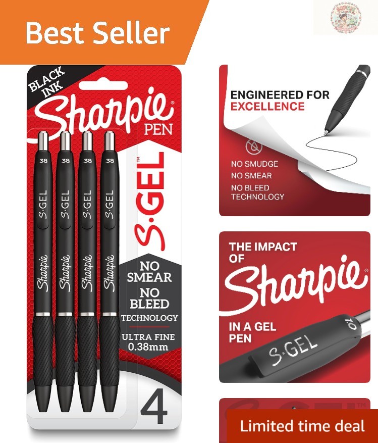 S-Gel Ultra Fine Point 0.38mm Black Gel Pens – Pack of 4 for Effortless Writing