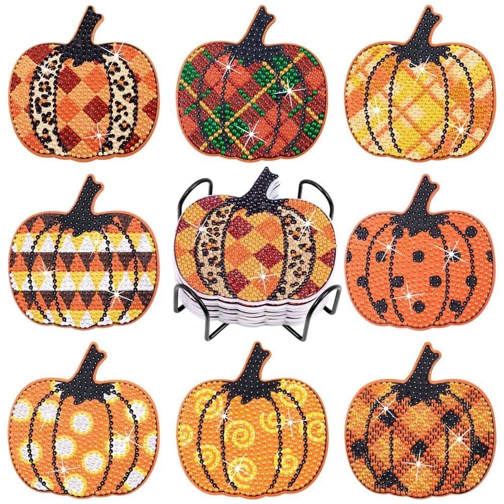 8 Pcs Pumpkin Diamond Painting Coasters Kit with Holder Cork Base