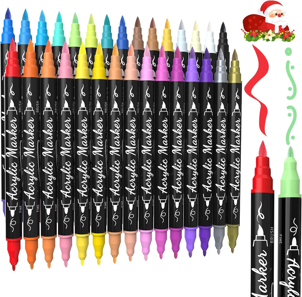 30 Colors Dual Tip Acrylic Paint Markers, Premium Brush&Fine Acrylic Paint Pens
