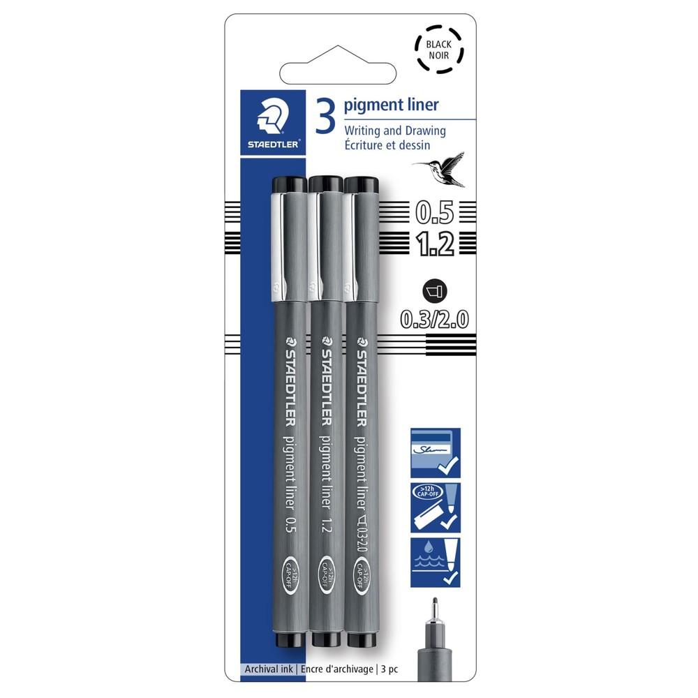 Fine Liner Pens Pack of 3 Black 0.5mm 1.2mm Staedtler Pigment 308-9S2BK3 Widths