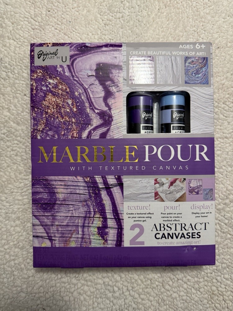 NEW Original Art By U Marble Pour Kit With 2 Textured Abstract Canvases