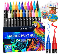 TANMIT 24 Colors Dual Tip Acrylic Paint Markers Brush Fine Tip DIY Crafts