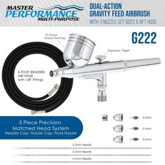Master Airbrush G222 Pro Set, Gravity Feed, 3 Tip Kit 0.2, 0.3, 0.5mm, Air Hose