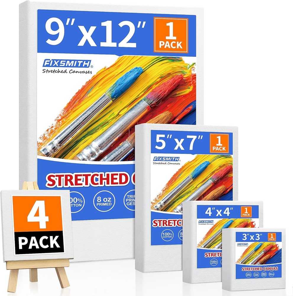FIXSMITH Stretched Canvas for Painting, 3″x3″, 4″x4″, Multipack-4PK, White