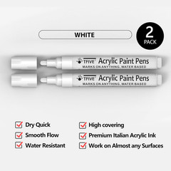 White Paint Marker Pens – 2 Pack Acrylic Permanent Marker, 2-3Mm Medium Tip, Pai