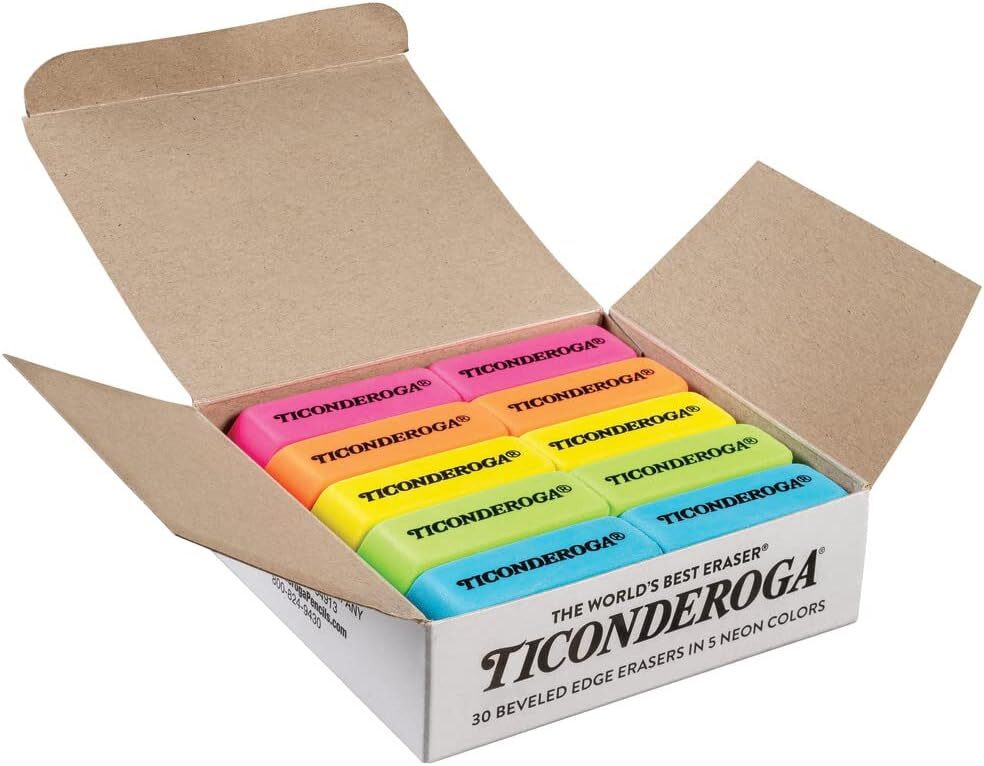 Ticonderoga Wedge Erasers, Neon Colors, 30 Count, Class Pack