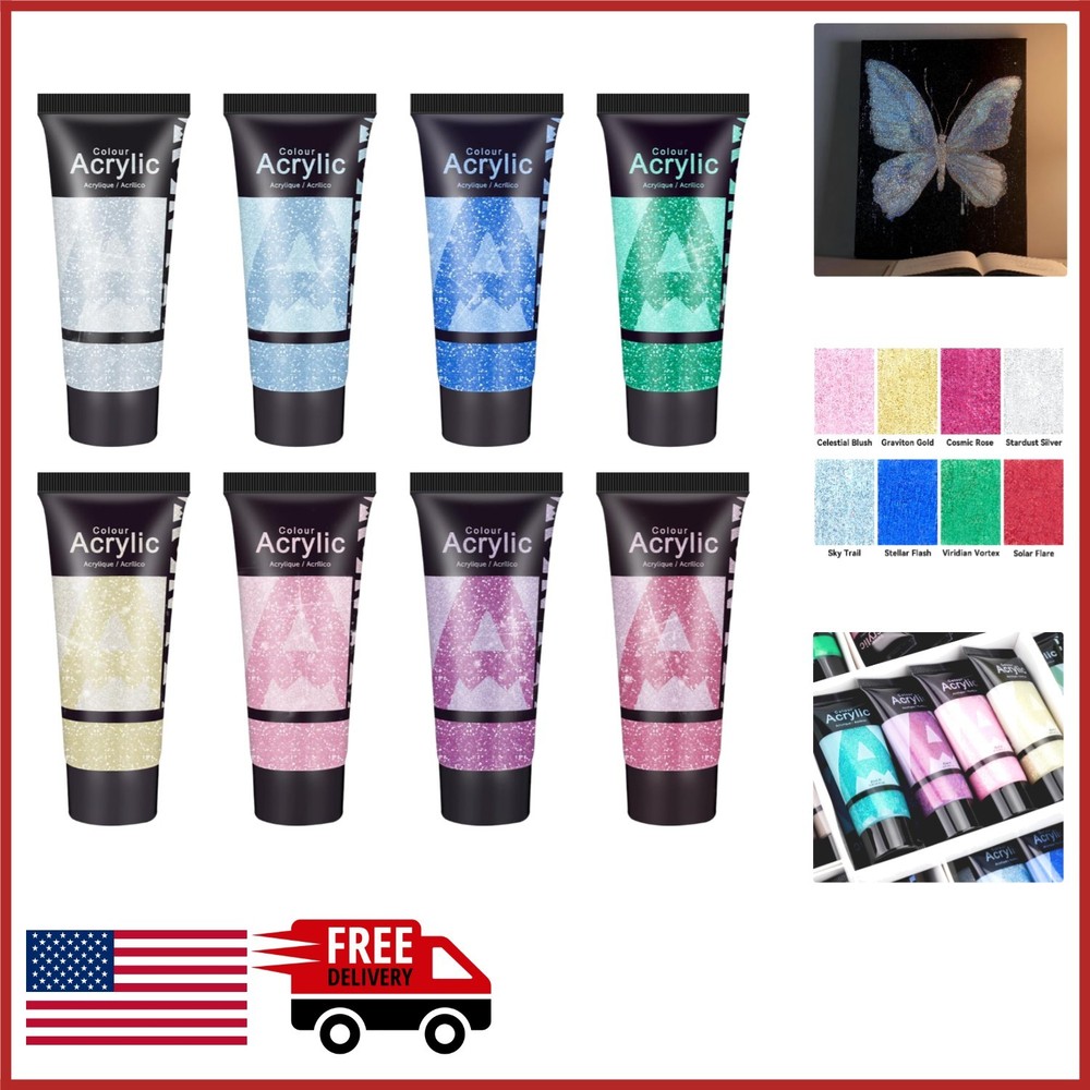 Non Toxic Glitter Acrylic Paint Set 8 Colors for Art Projects and Crafts