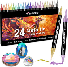 24 Metallic Colors Acrylic Paint Markers, Dual Tip with Fine Tip and Brush Tip P