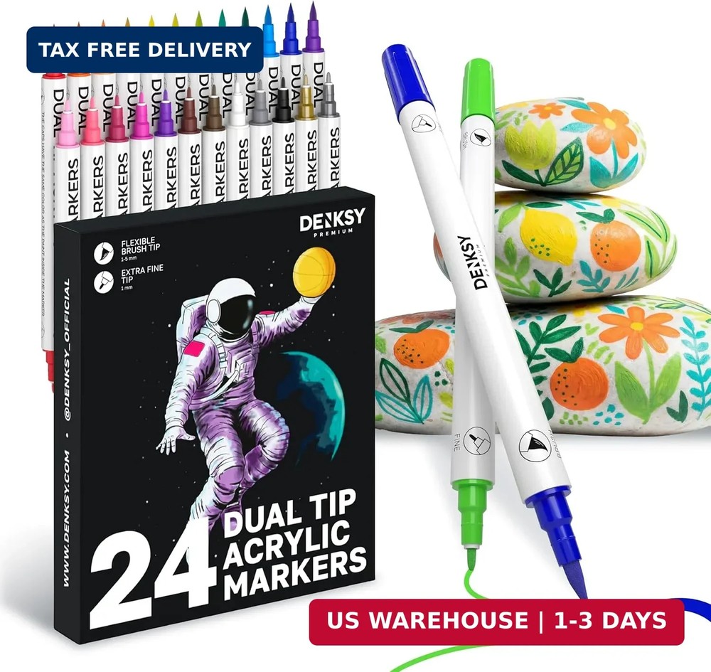 24 Dual Tip Acrylic Paint Markers Set | Coloured Markers with Brush & Extra Fine