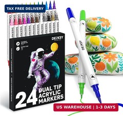 24 Dual Tip Acrylic Paint Markers Set | Coloured Markers with Brush & Extra Fine