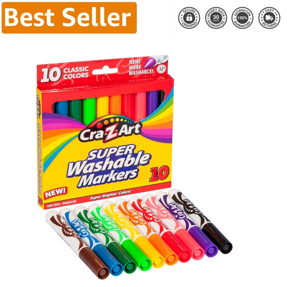 Assorted Washable Markers with Broad Tips – Perfect for Kids’ Crafts – 10 Pack