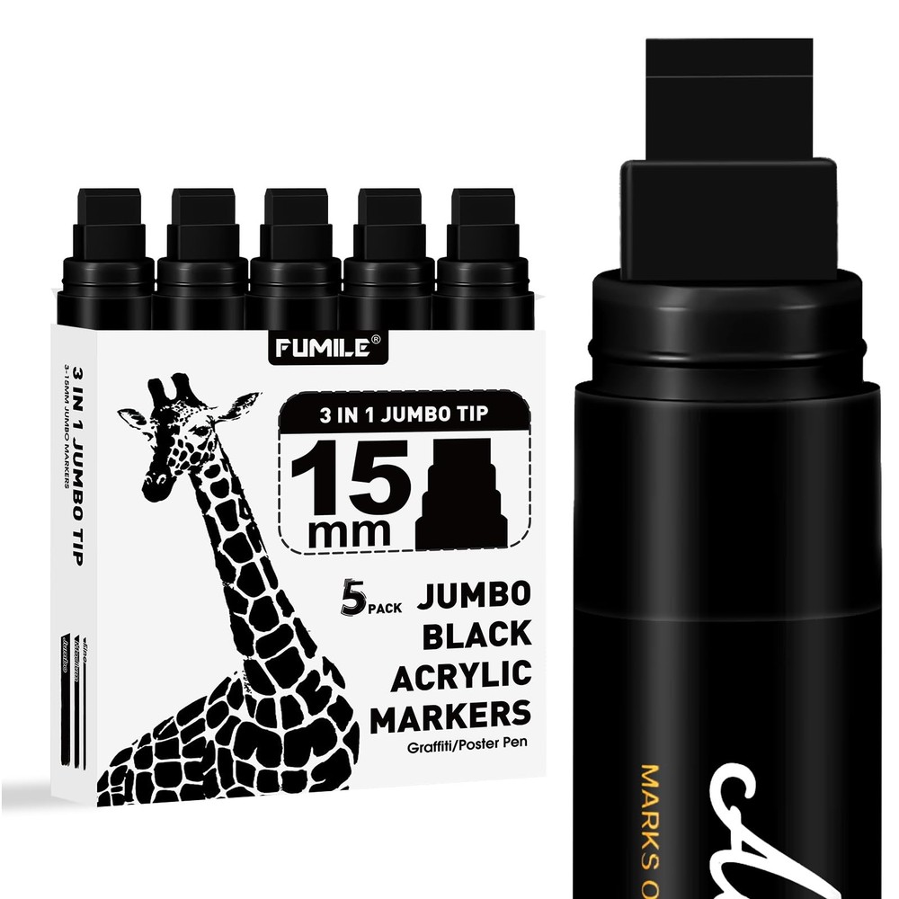 5 Pcs Black Jumbo Poster Marker,15mm Wide Tip Thick Acrylic Paint Pen Paint M…