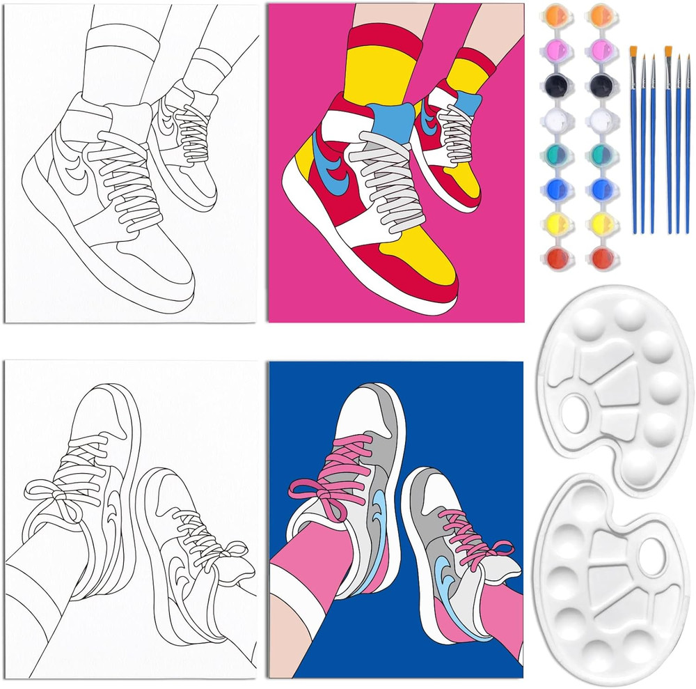 2 Pack 8X10 Inch Pre Drawn Canvas Paint Kit for Couples Adults, Sneakers Retro T