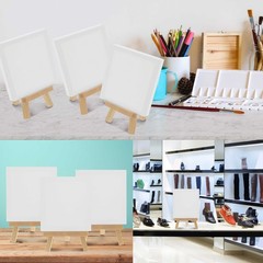 12pk 5″ x 5″ Stretched Canvas, 8″ Natural Wood Display Easel Kit, Artist Stand
