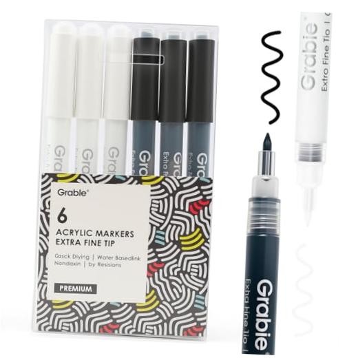 Black & White Extra Fine Tip Acrylic Paint Marker Set, 6 Pack, Black, White