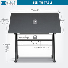 Zenith Adjustable Drafting Table with Shelf – 42″ W x 30″ D, Black