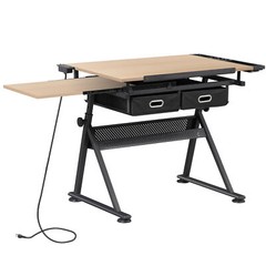 Adjustable Drafting Table Tilting Drawing Desk w/Charging Station Stool Natural