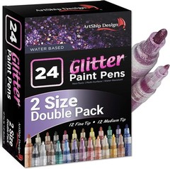 24 Glitter Pens for Rock, Ceramic, Glass, Fabric Painting