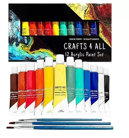 Acrylic Paint Set for Adults and Kids – 12 Pack of 12mL Paints with 3 Art Brush