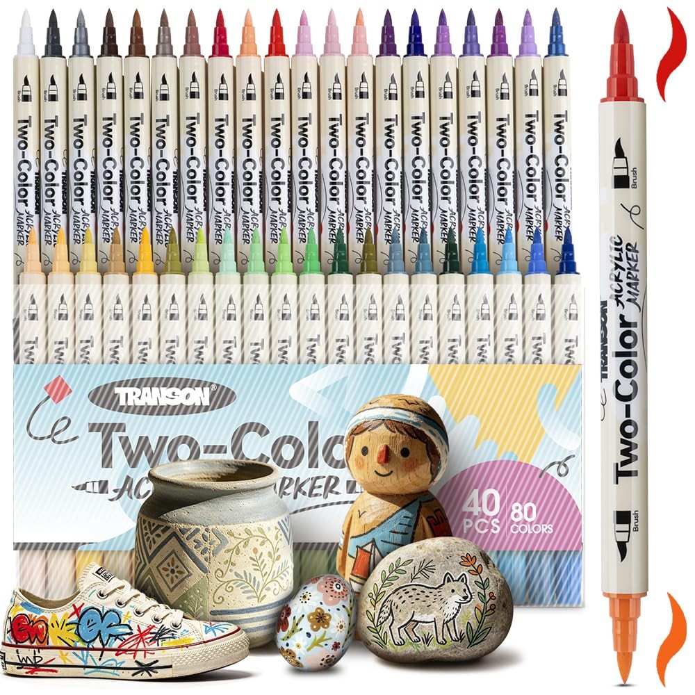 80 Colors Acrylic Paint Marker Set, 40 Pieces of Dual-color Acrylic Paint Pen…