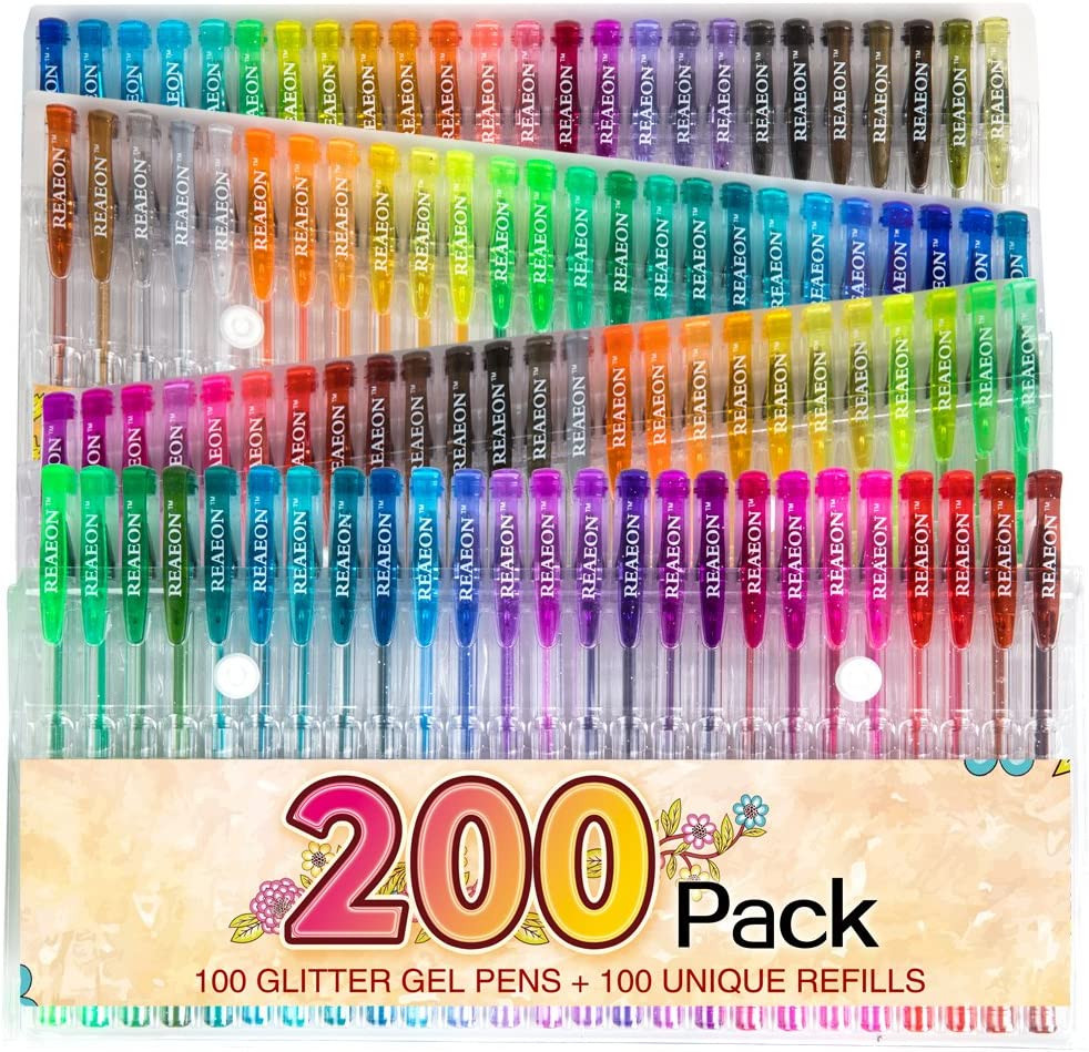 200 Glitter Gel Pen Set, 100 Gel Pens plus 100 Refills Glitter Neon Pen