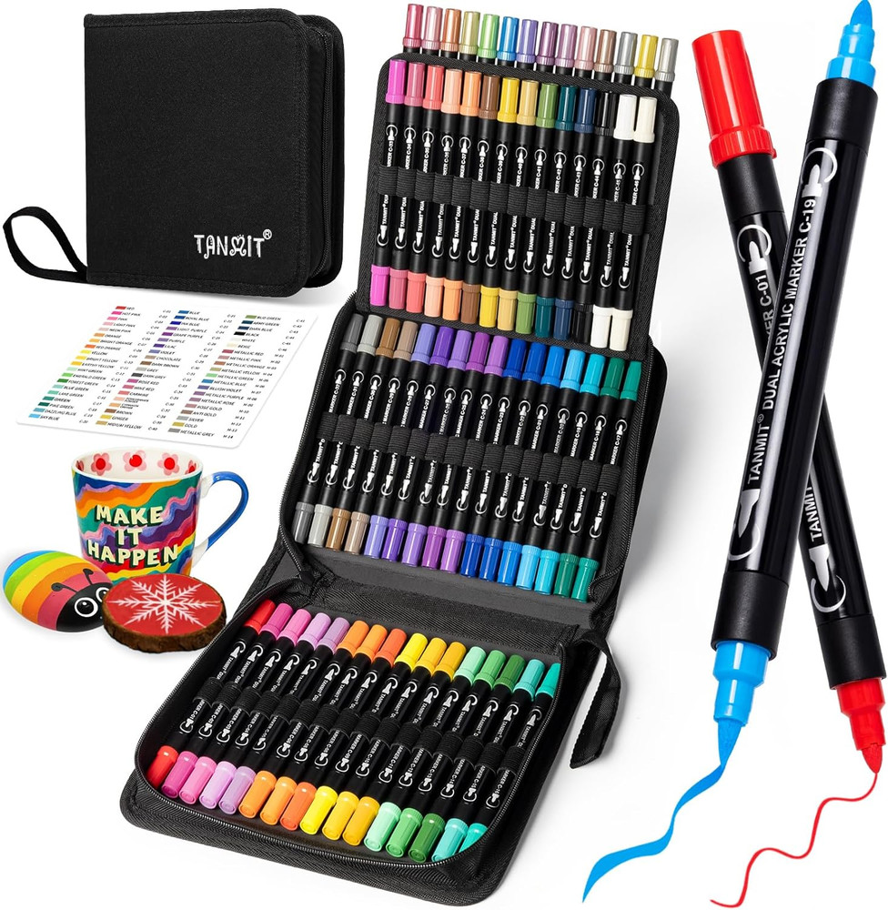 60 Colors Dual Tip Acrylic Paint Markers, Paint Pens Set with Brush Tip and Fine