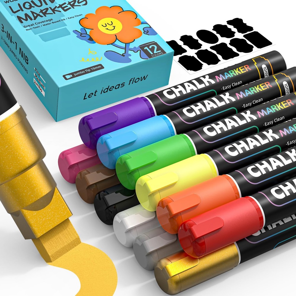 WUO 12 Colors Liquid Chalk Markers 10mm Jumbo 3-in-1 Nib for Glass Blackboards