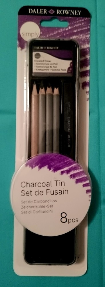 🔥 CHARCOAL 7 piece Daler Rowney Simply Tin Set Pencils Drawing Sketching