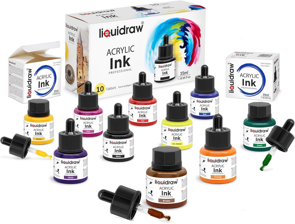 Acrylic Drawing Ink – 10 X 1.18 Fl Oz (35 Ml) Bottles with Ink Dropper | Suitabl