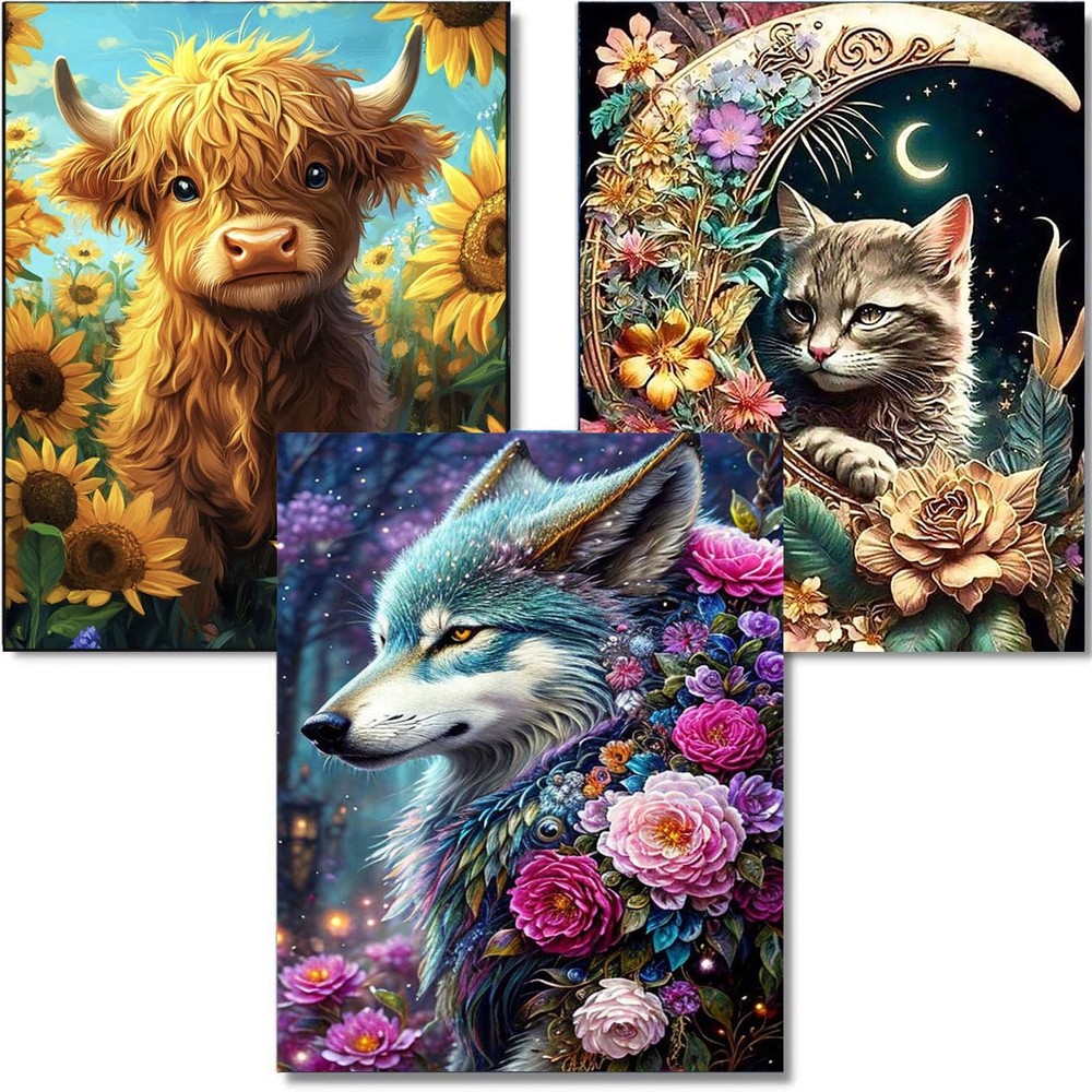 Diamond Painting Kits for Adults, 3 Pack Flower Animal DIY 5D Diamond Art Kits f