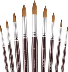 Sable Watercolor Brushes 9pcs #0,#2,#4,#6,#8,#10,#12,#14,#16, Brown-9pcs