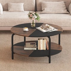 2-Tier Round Coffee Table Metal Frame with Storage Shelf-Rustic Brown