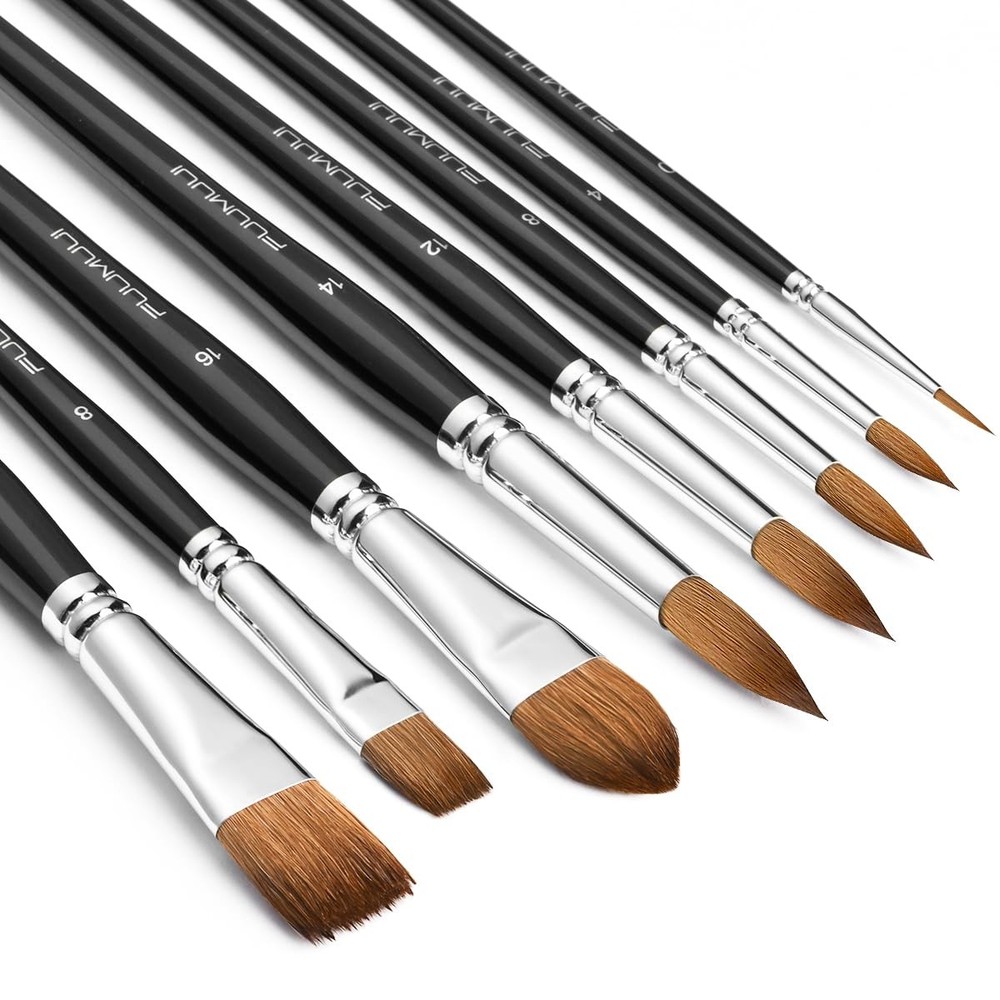 Watercolor Brushes Professional, Fuumuui 8Pcs Sable Paint Brush Large, Black