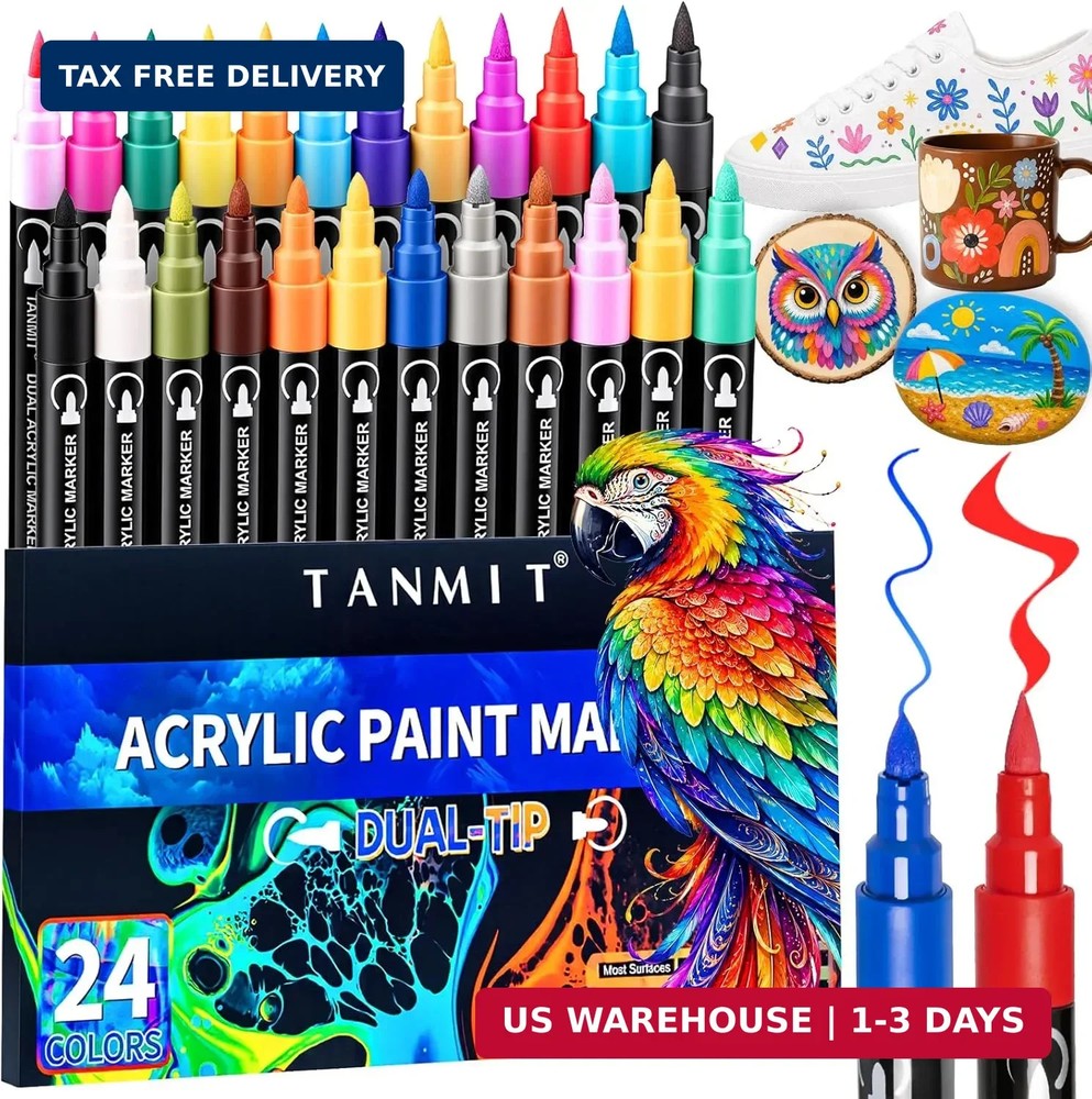 TANMIT 24 Colors Dual Tip Acrylic Paint Markers, Paint Pens Set with Brush Tip a