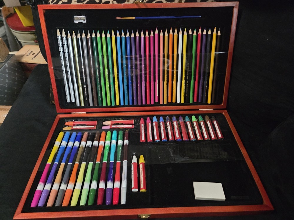 FABER-CASTELL COLORED PENCIL SET WITH MARKERS & OIL PASTELS IN WOOD BOX NO PAPER