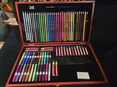 FABER-CASTELL COLORED PENCIL SET WITH MARKERS & OIL PASTELS IN WOOD BOX NO PAPER