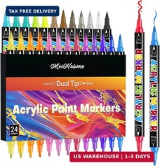 24 Colors Dual Tip Acrylic Paint Markers, Premium Acrylic Marker Paint Pens for