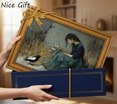 Vintage Gold Framed Canvas Wall Art, Girl Magpie Poster Artwork, Dark Moody P…