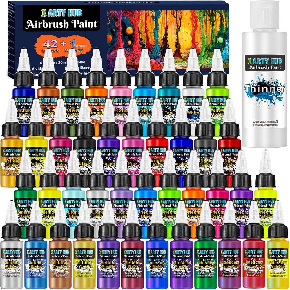 Airbrush Paint – 42 Colors with 4.05 Fl Oz Thinner, Iridescent, Neon and Metalli